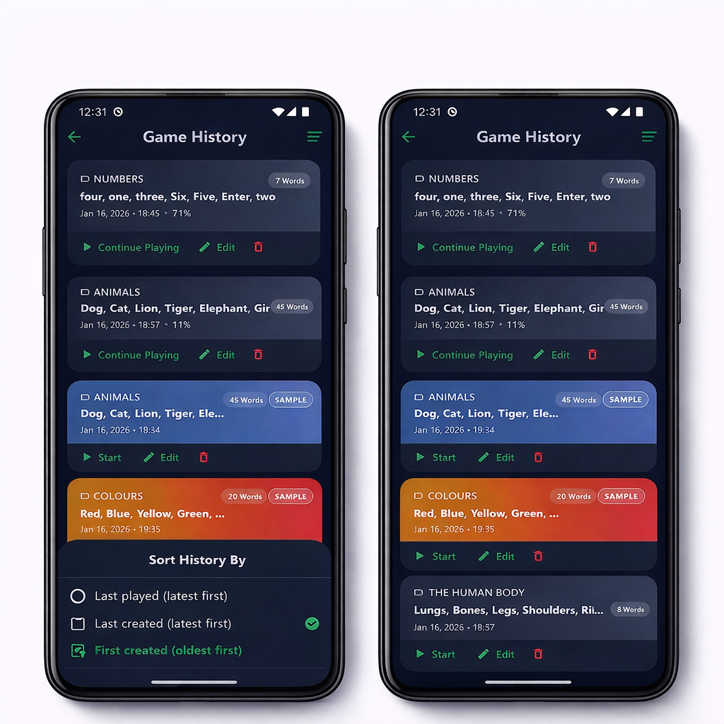 History / Recent Games Screen