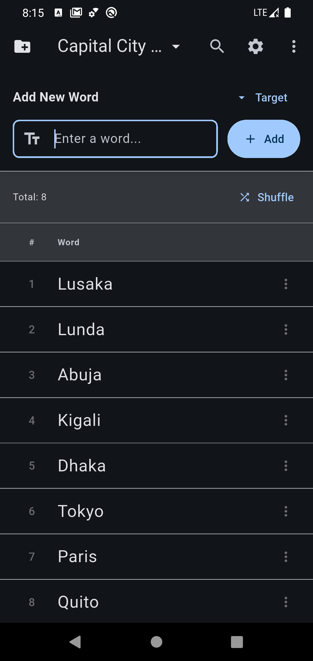 Word List Screen
